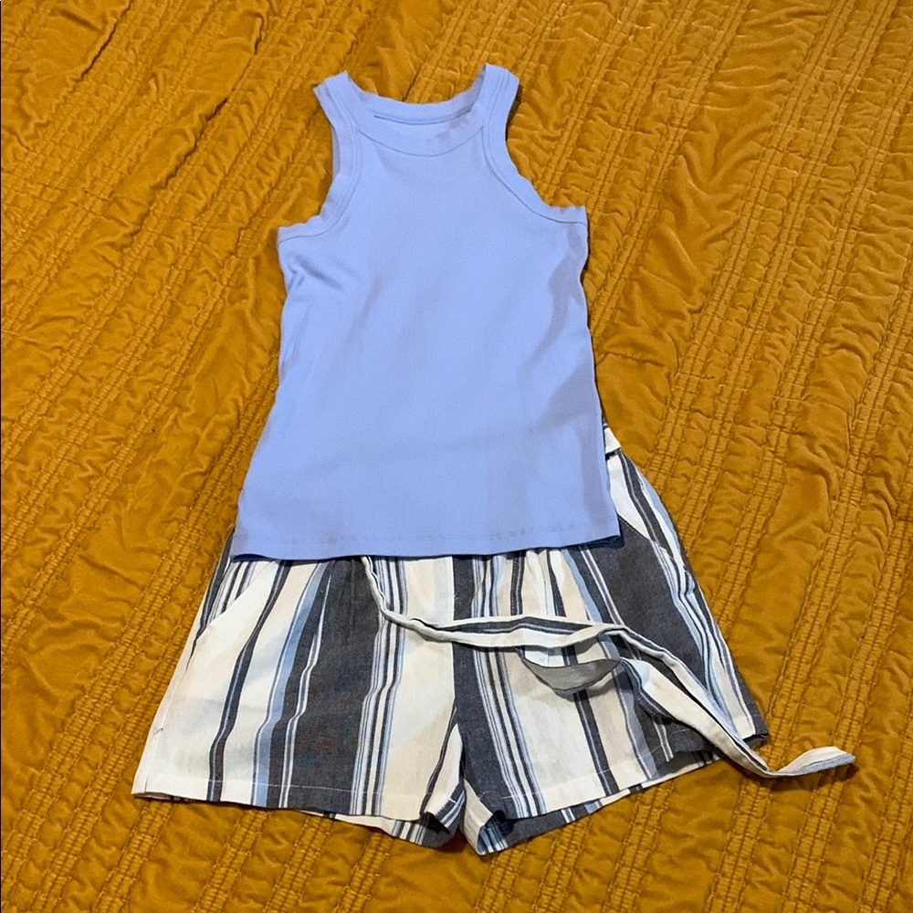 Blue Tank Top and Striped Shorts Set